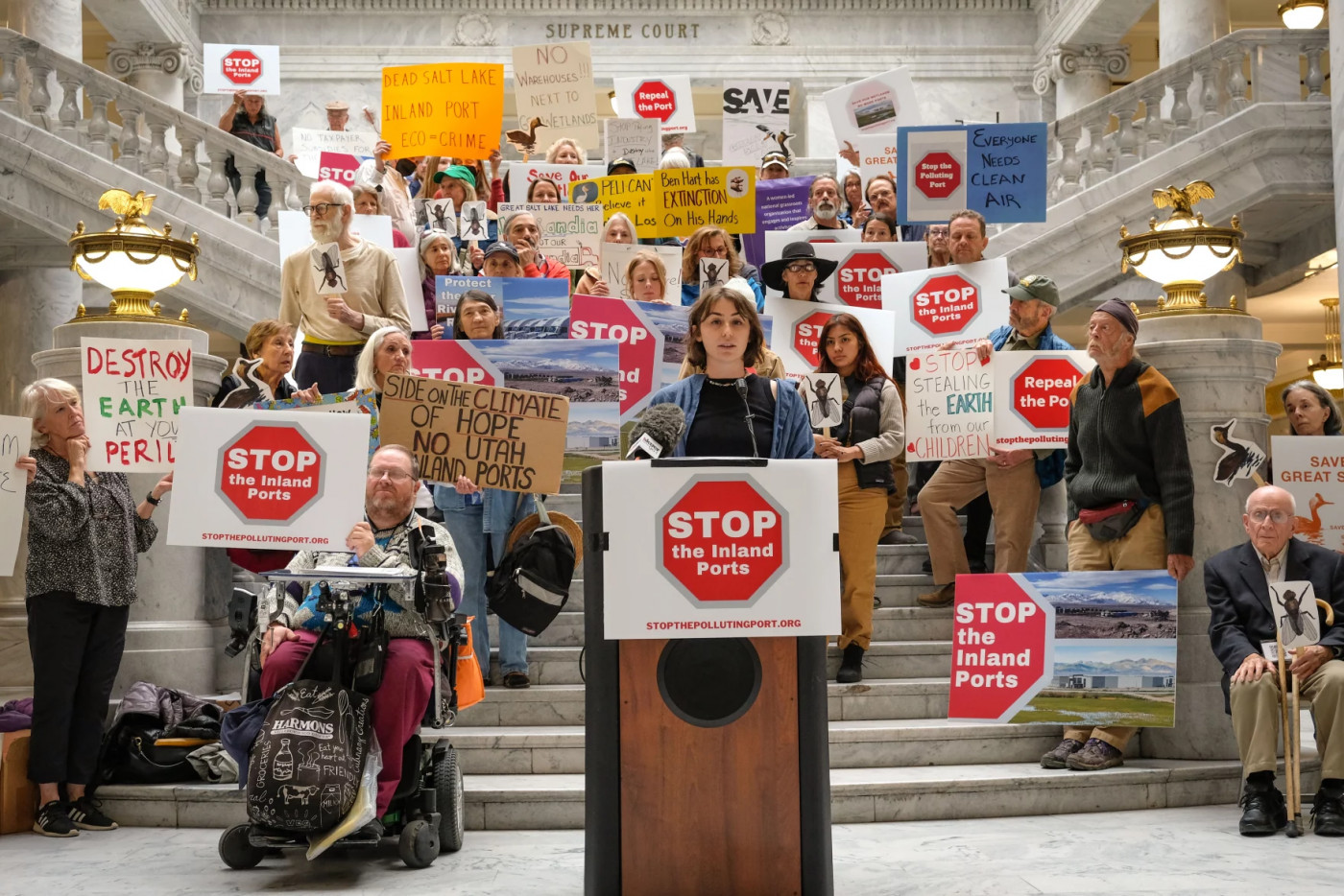 Great Basin Water Network Deputy Director Chandler Rosenberg speaks at a rally at the Utah State Capitol promoting a new report that details potential impacts of development near wetlands critical to the Great Salt Lake, Nov. 6, 2023.